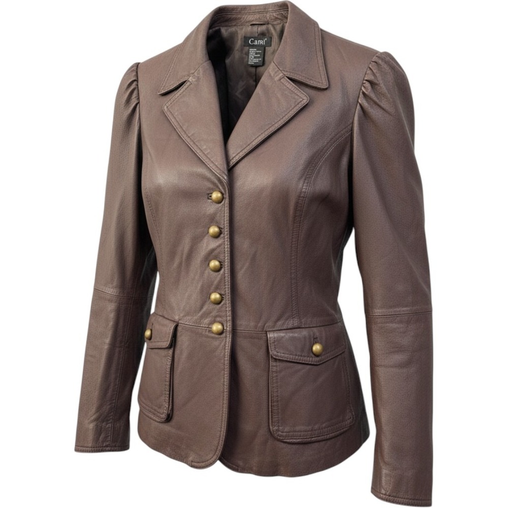 Cami Brown Leather Blazer Jacket 16 Puff Sleeve Brass Buttons Steampunk